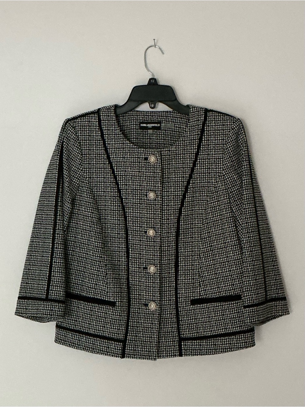 Karl Lagerfeld Black & White Tweed Jacket with Unique Silver Buttons